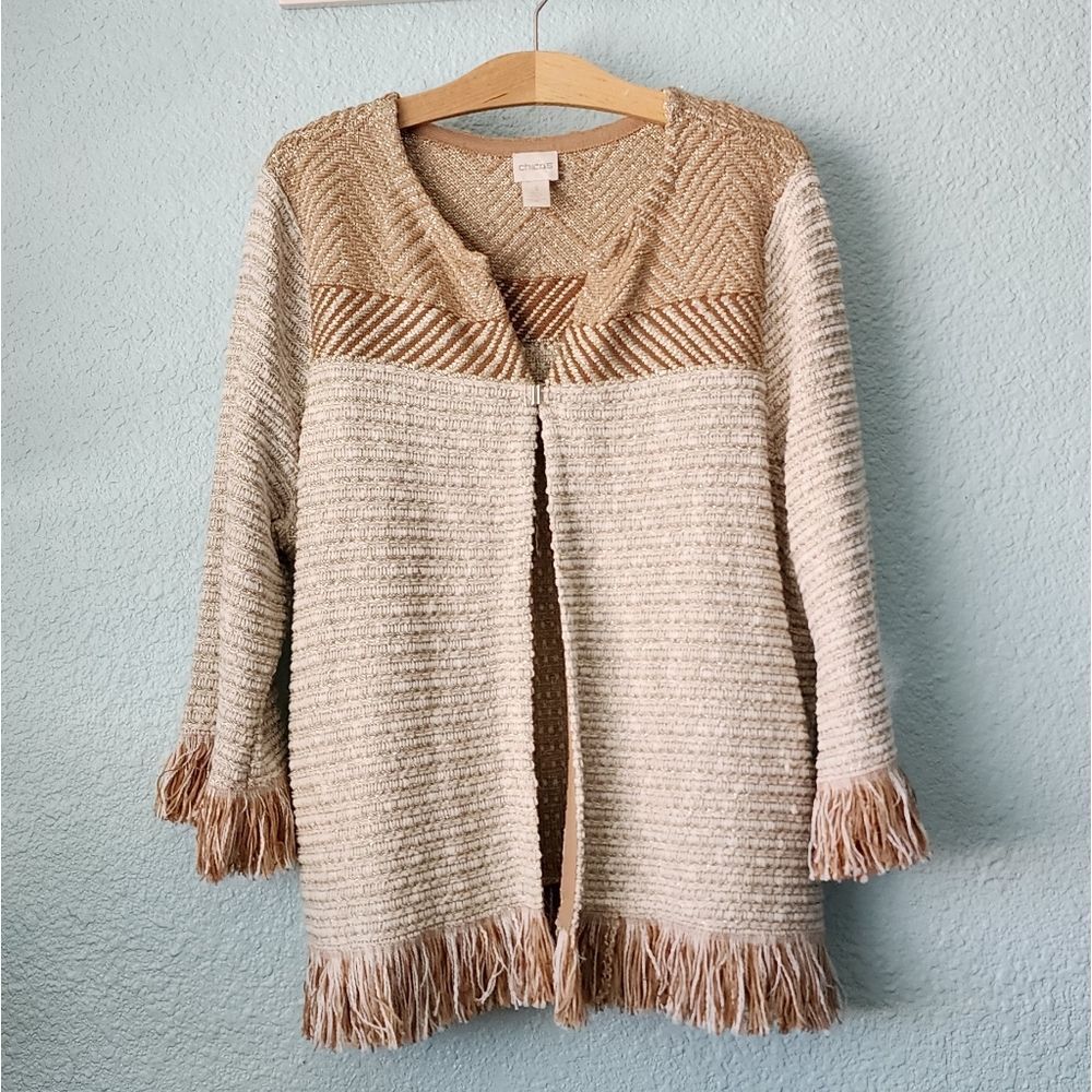 Chico's french hem and cuffs boho tunic style oatmeal open cardigan sweater